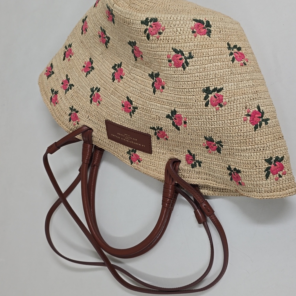 Sezane Justine Basket Bag Embroidered Pink Flowers Raffia - Picture 4 of 14